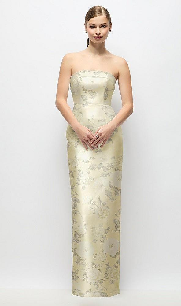 strapless cuff floral satin maxi dress with column skirt & back bow