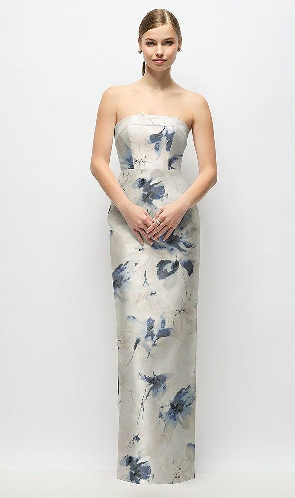 strapless cuff floral satin maxi dress with column skirt & back bow