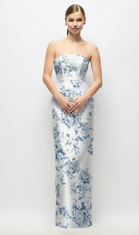 strapless cuff floral satin maxi dress with column skirt & back bow