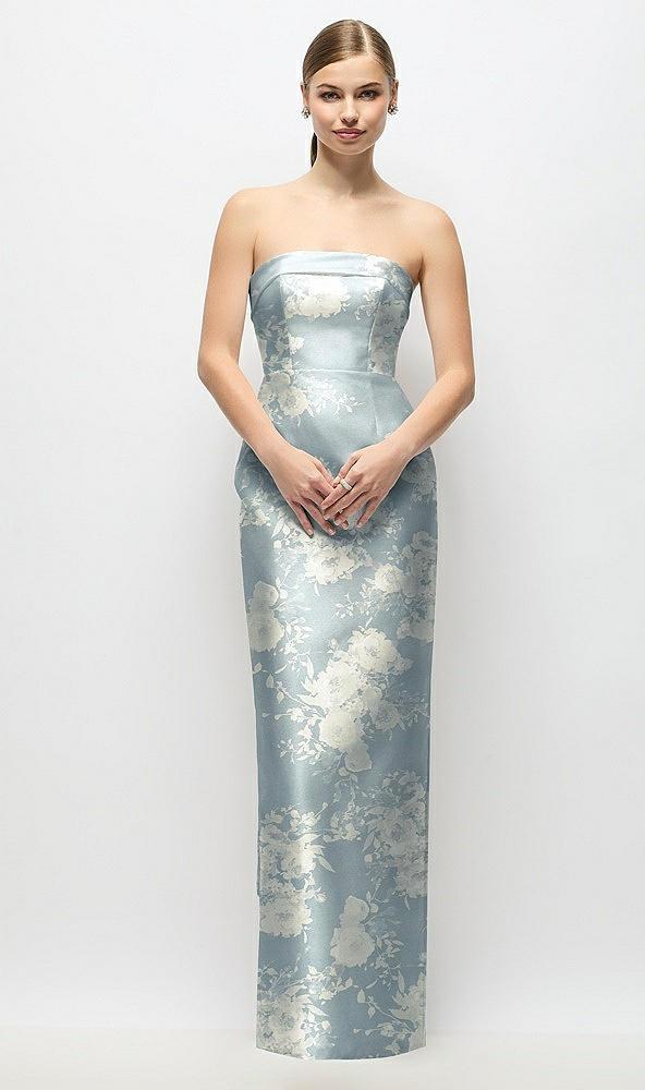 strapless cuff floral satin maxi dress with column skirt & back bow
