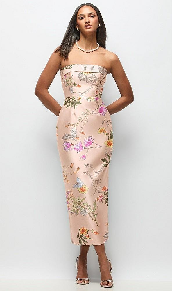 strapless cuff floral satin midi dress with column skirt & back bow