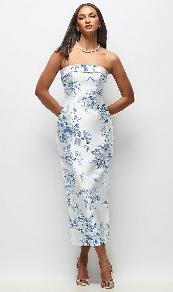 strapless cuff floral satin midi dress with column skirt & back bow