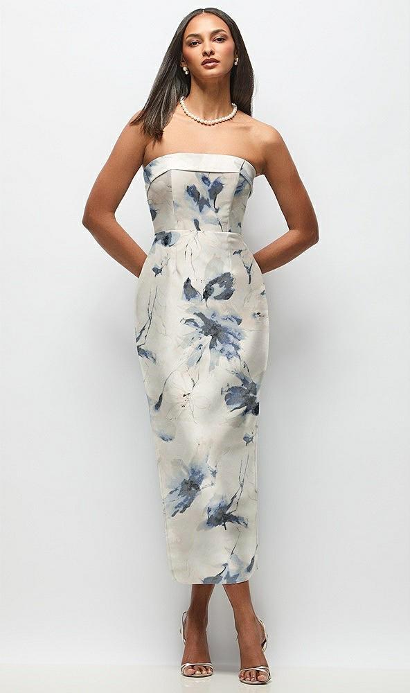strapless cuff floral satin midi dress with column skirt & back bow