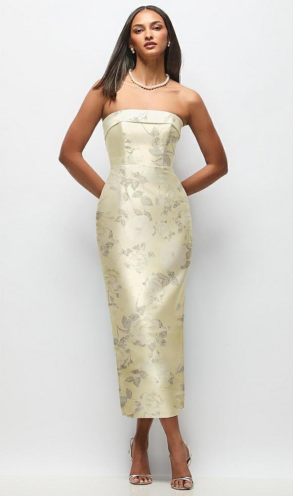 strapless cuff floral satin midi dress with column skirt & back bow