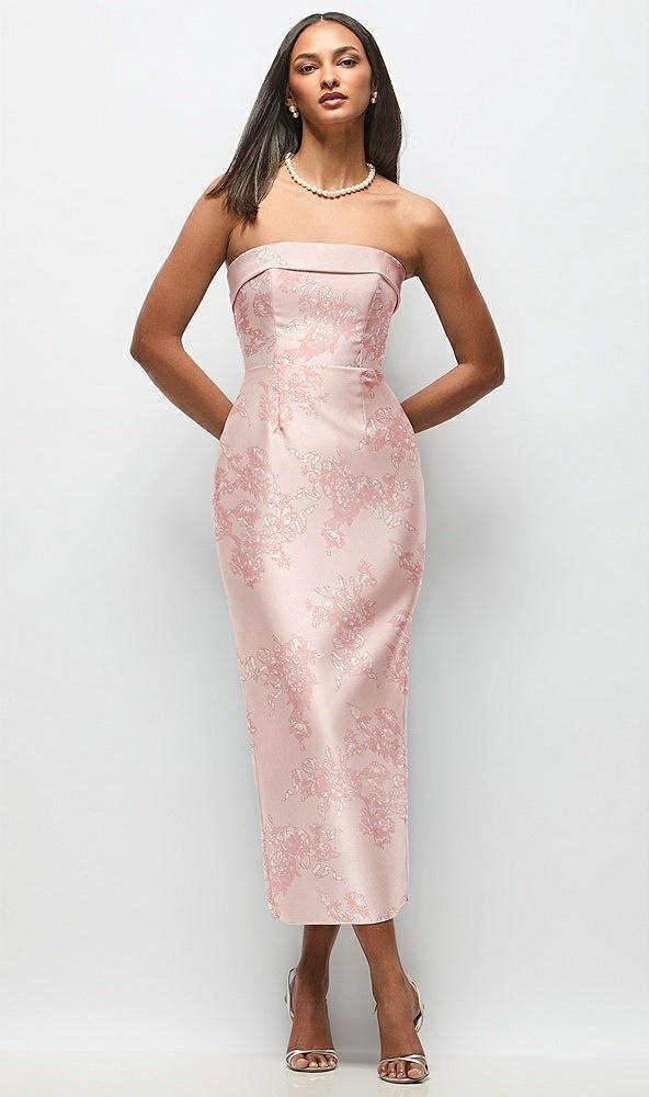 strapless cuff floral satin midi dress with column skirt & back bow