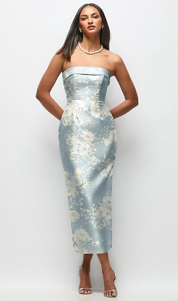 strapless cuff floral satin midi dress with column skirt & back bow