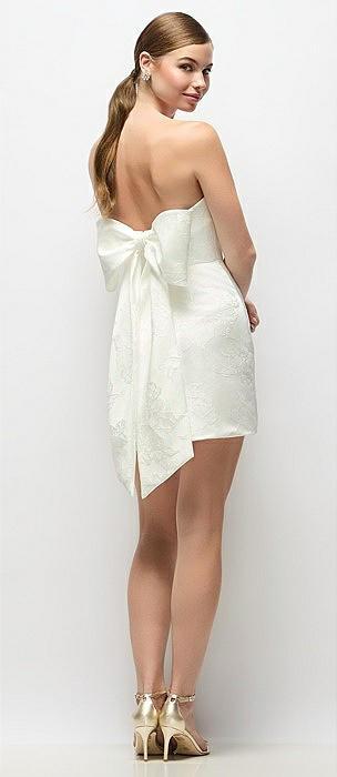 strapless cuff neck embossed floral jacquard little white dress with mini skirt & oversized bow