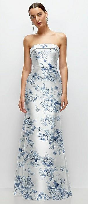 strapless cuff neckline floral satin trumpet gown