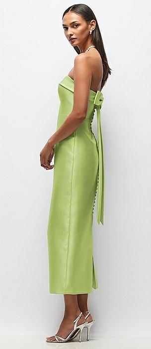 strapless cuff satin midi dress with column skirt & back bow