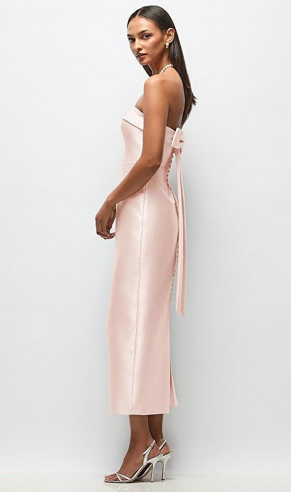 strapless cuff satin midi dress with column skirt & back bow