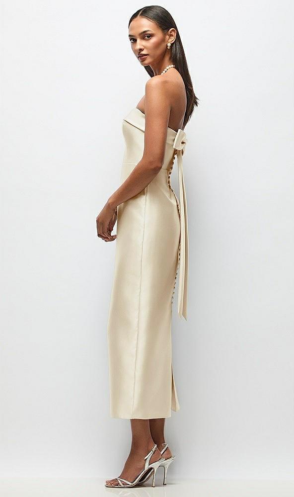 strapless cuff satin midi dress with column skirt & back bow