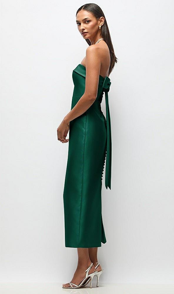 strapless cuff satin midi dress with column skirt & back bow