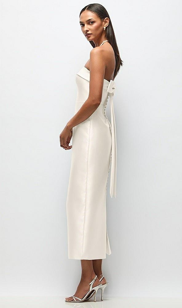 strapless cuff satin midi dress with column skirt & back bow