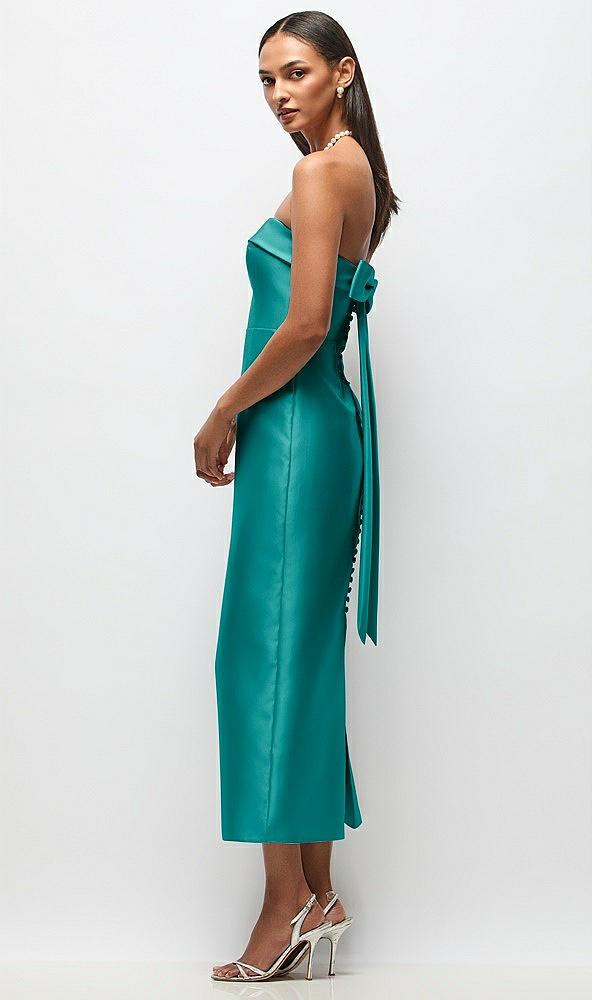 strapless cuff satin midi dress with column skirt & back bow