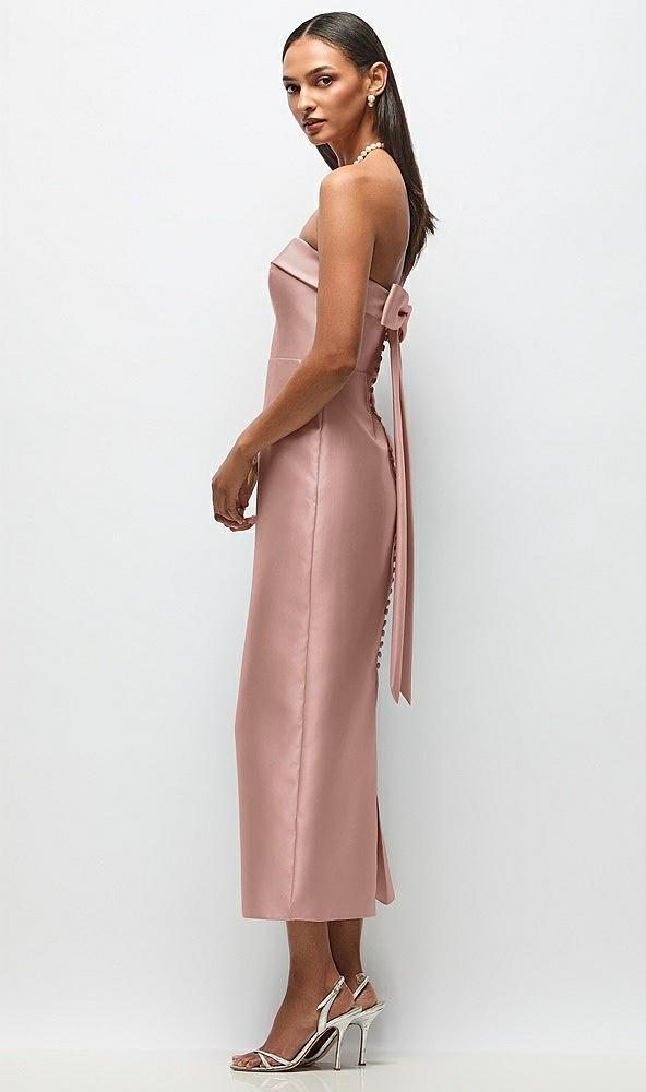 strapless cuff satin midi dress with column skirt & back bow