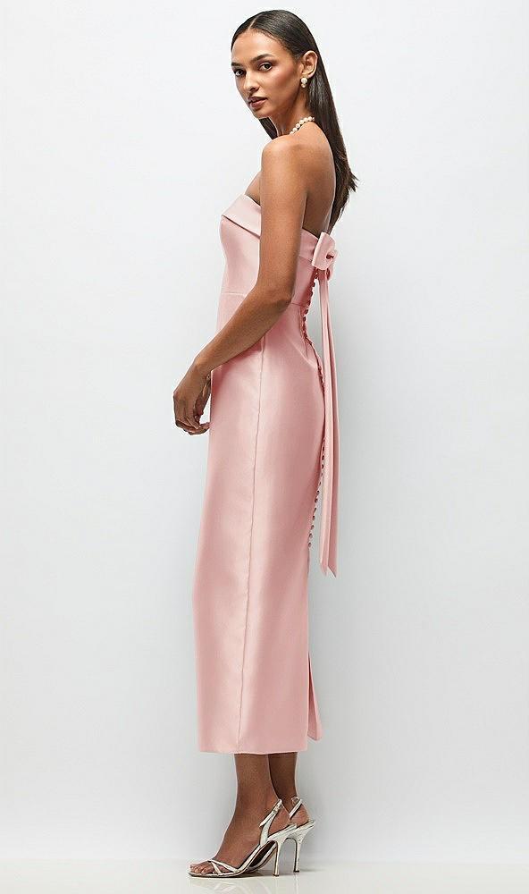 strapless cuff satin midi dress with column skirt & back bow