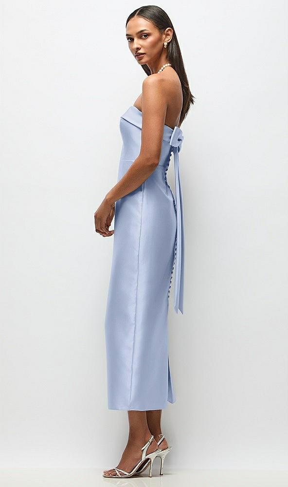 strapless cuff satin midi dress with column skirt & back bow
