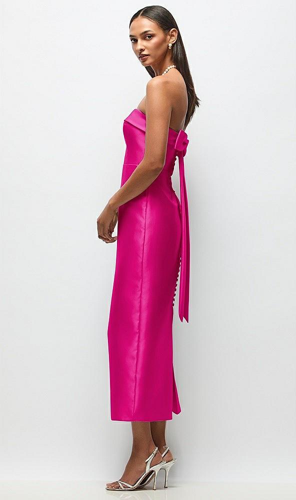 strapless cuff satin midi dress with column skirt & back bow