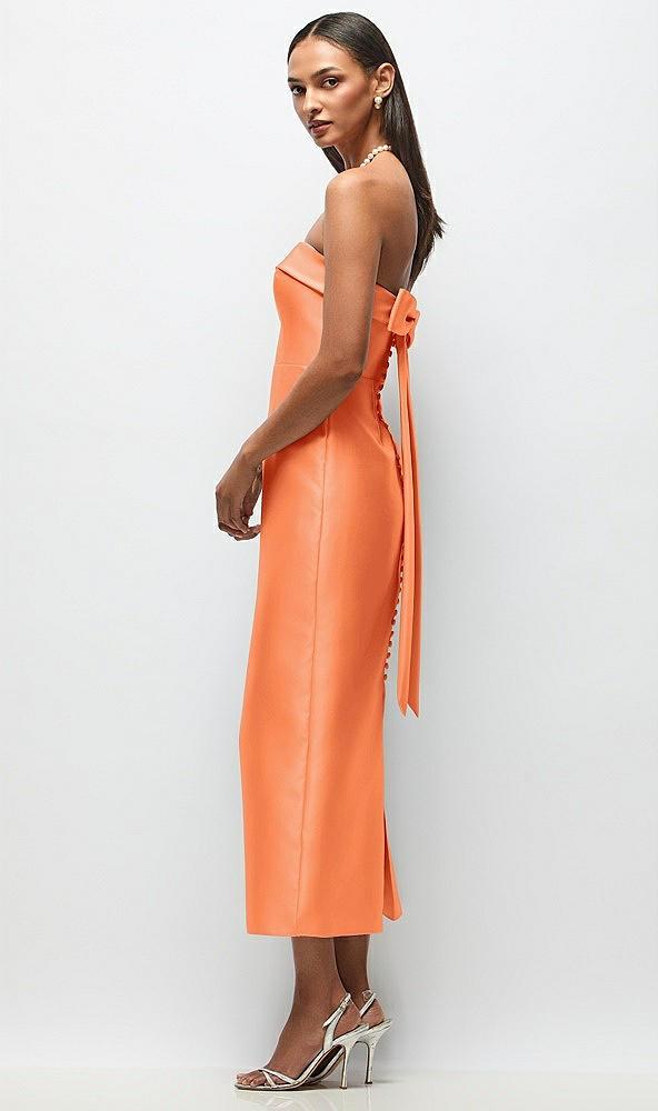 strapless cuff satin midi dress with column skirt & back bow