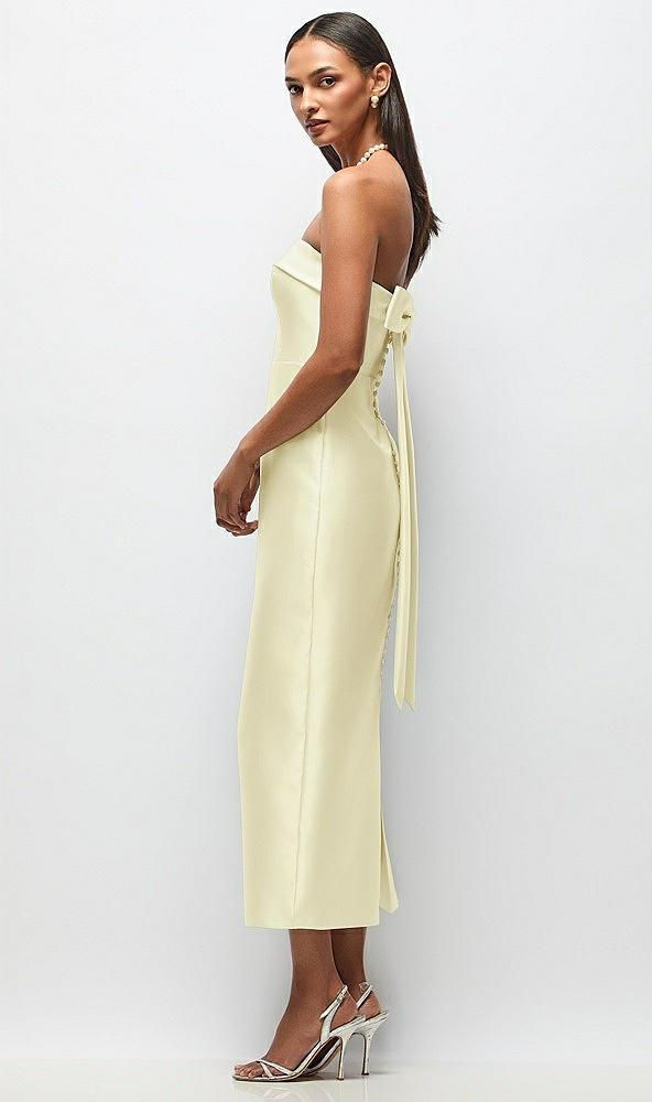 strapless cuff satin midi dress with column skirt & back bow