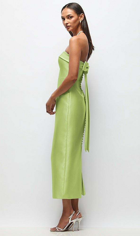 strapless cuff satin midi dress with column skirt & back bow