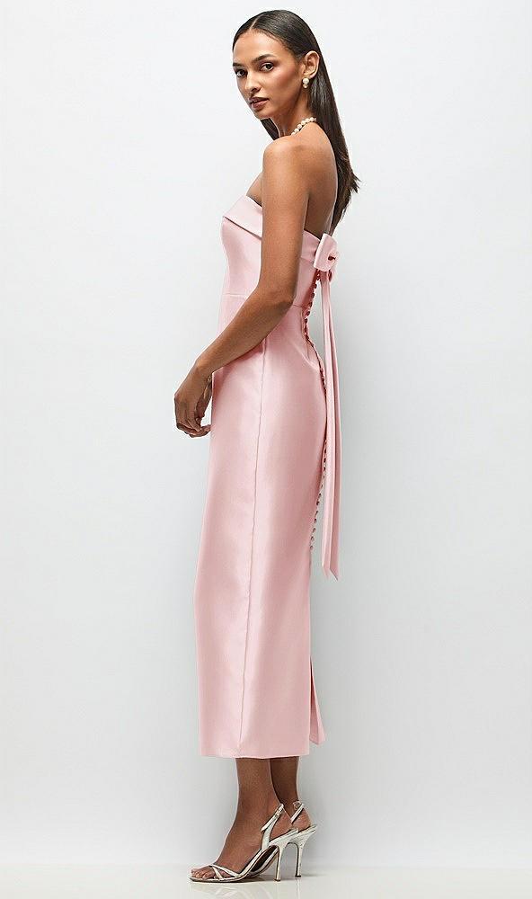 strapless cuff satin midi dress with column skirt & back bow