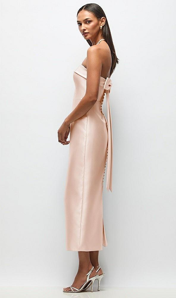 strapless cuff satin midi dress with column skirt & back bow