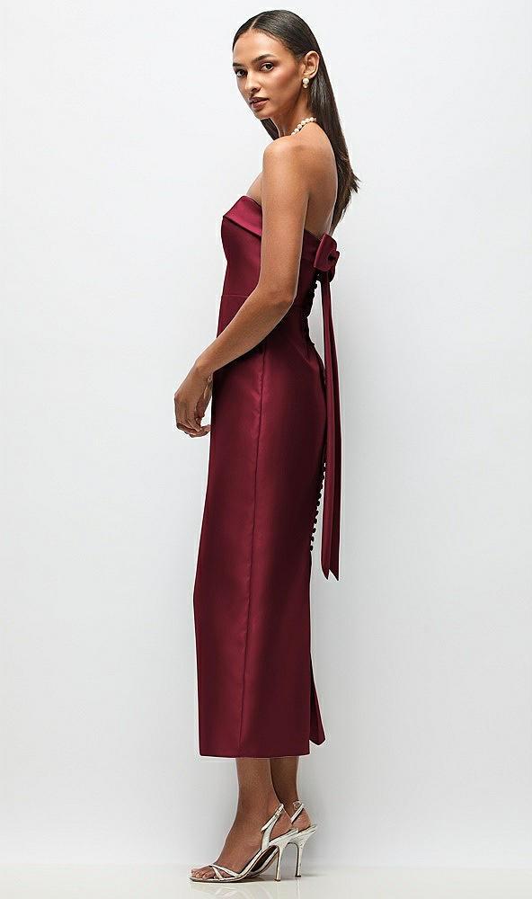 strapless cuff satin midi dress with column skirt & back bow