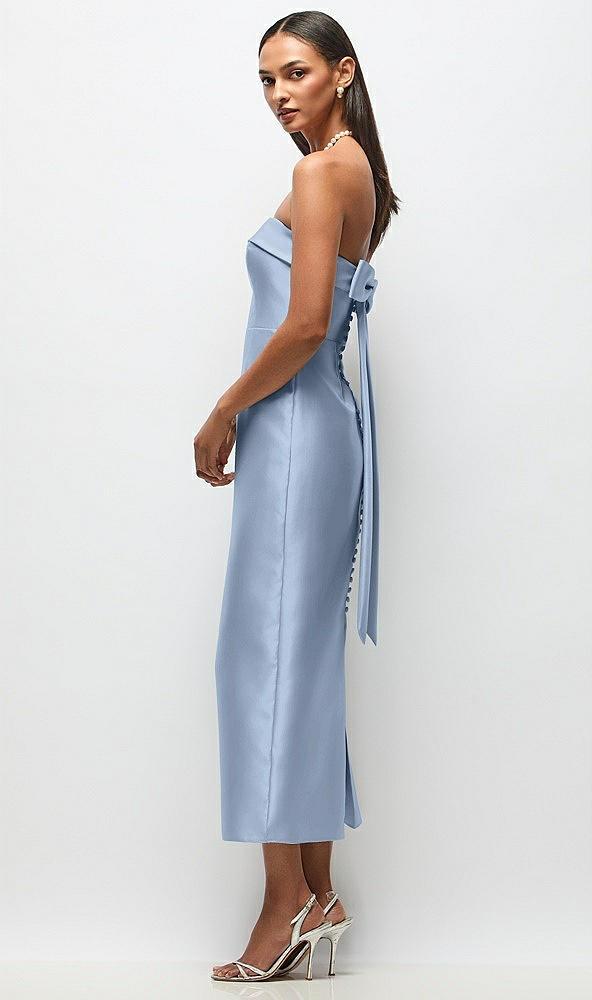 strapless cuff satin midi dress with column skirt & back bow