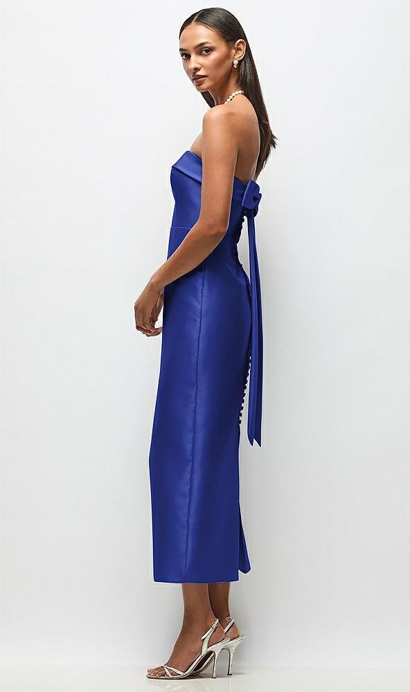 strapless cuff satin midi dress with column skirt & back bow