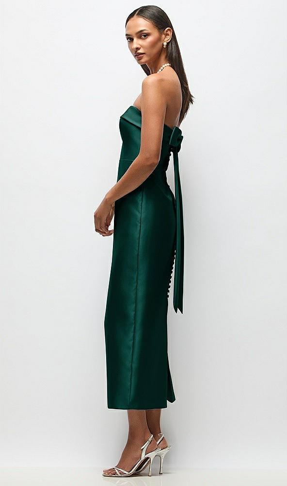 strapless cuff satin midi dress with column skirt & back bow