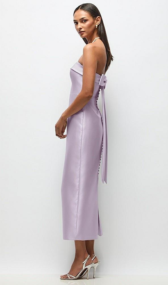 strapless cuff satin midi dress with column skirt & back bow