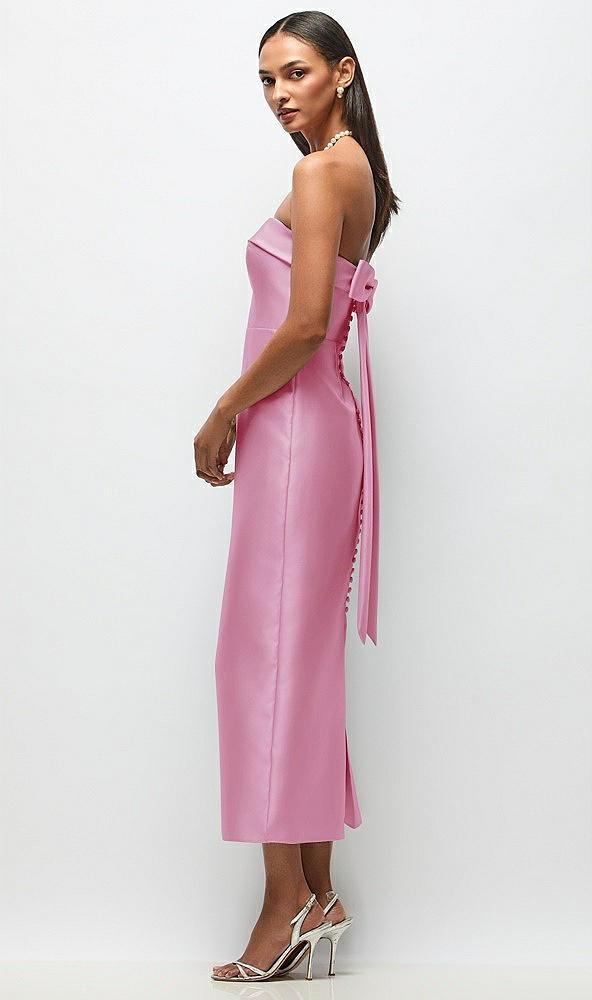 strapless cuff satin midi dress with column skirt & back bow