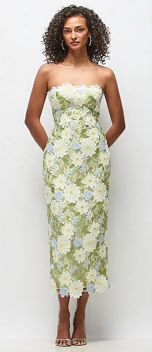 strapless daisy lace column midi dress