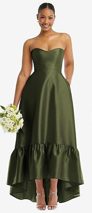 strapless deep ruffle hem satin high low dress with pockets