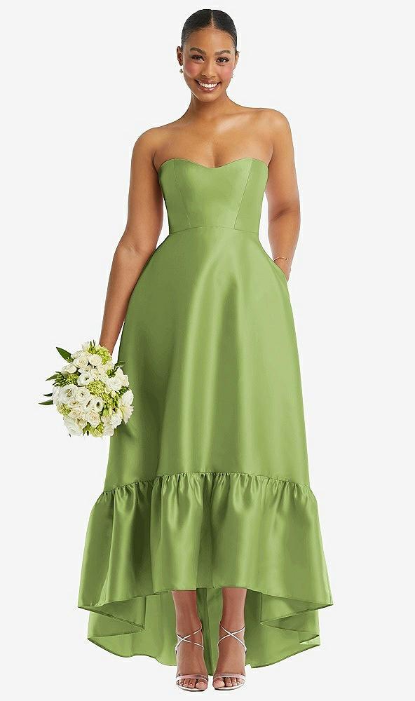 strapless deep ruffle hem satin high low dress with pockets