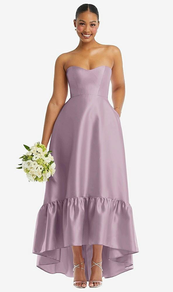 strapless deep ruffle hem satin high low dress with pockets