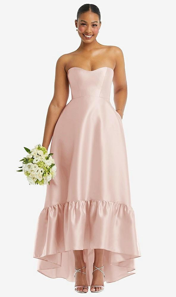 strapless deep ruffle hem satin high low dress with pockets