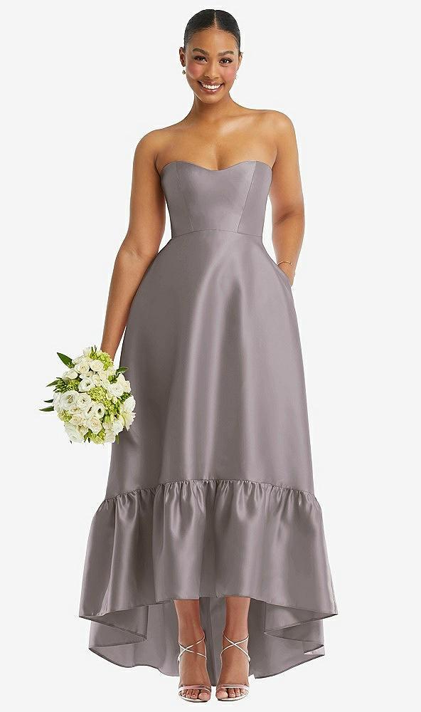 strapless deep ruffle hem satin high low dress with pockets