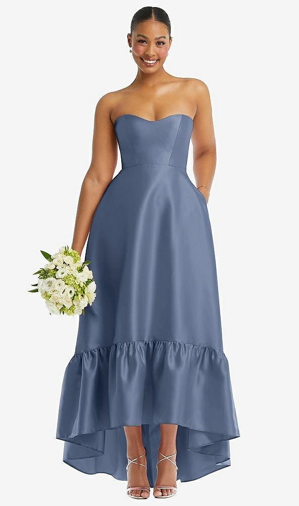 strapless deep ruffle hem satin high low dress with pockets