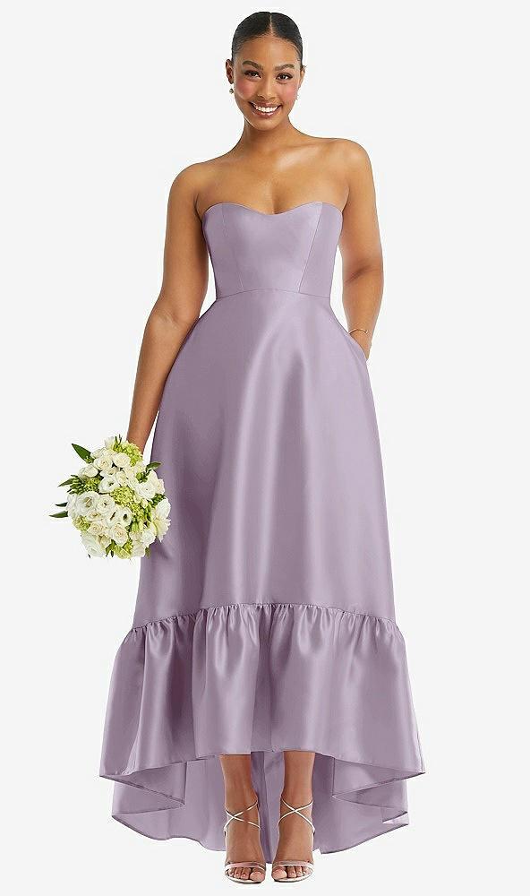 strapless deep ruffle hem satin high low dress with pockets