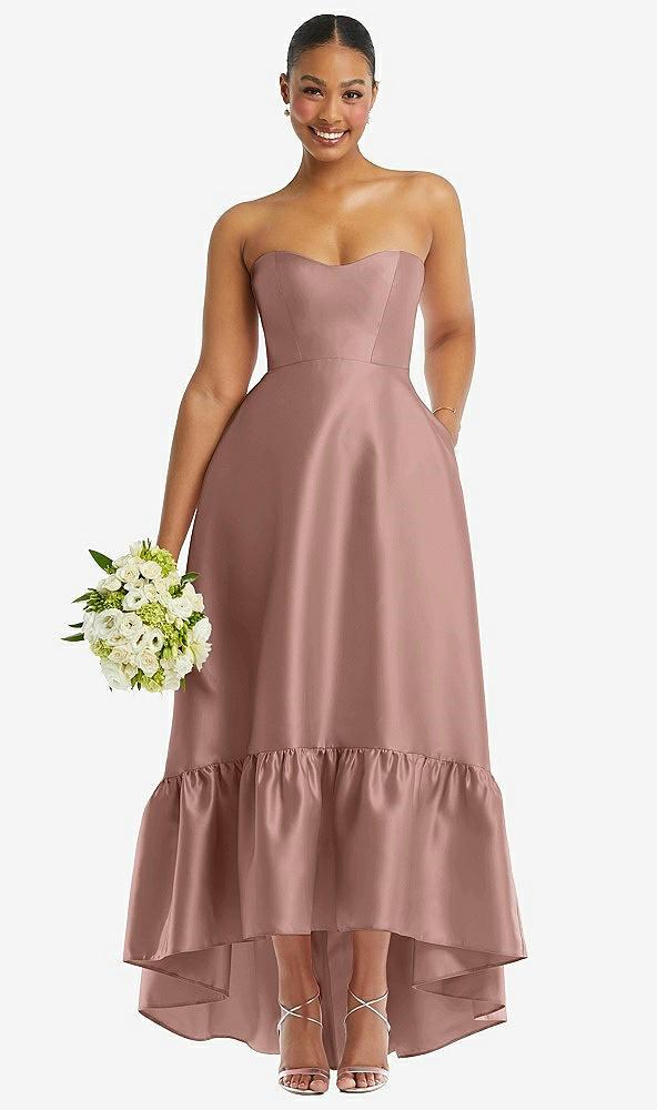 strapless deep ruffle hem satin high low dress with pockets