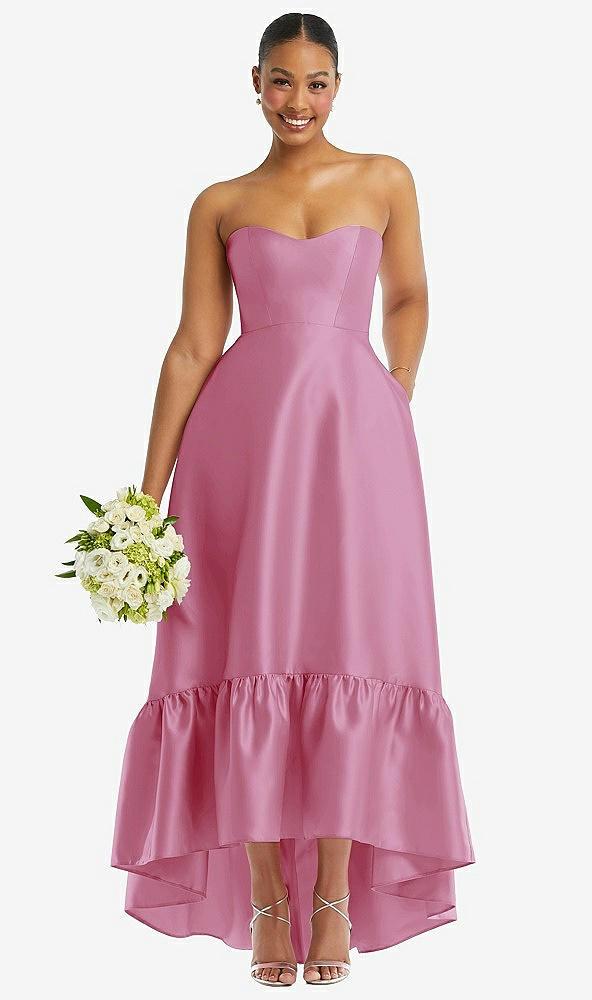 strapless deep ruffle hem satin high low dress with pockets