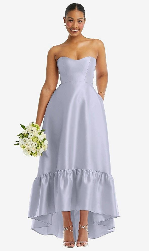 strapless deep ruffle hem satin high low dress with pockets
