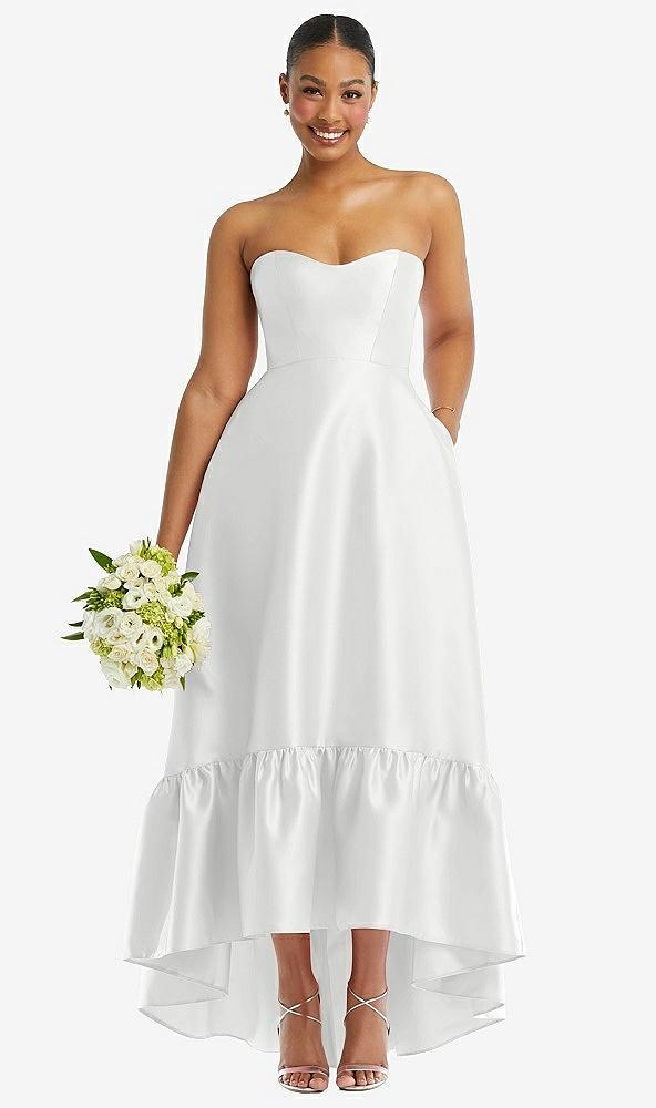 strapless deep ruffle hem satin high low dress with pockets