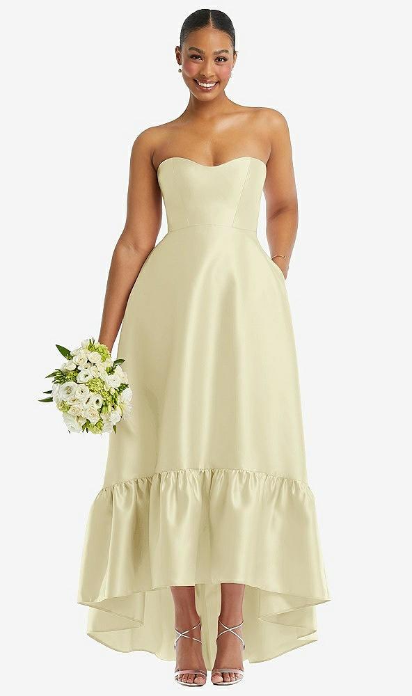 strapless deep ruffle hem satin high low dress with pockets