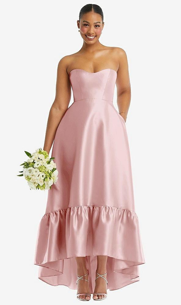 strapless deep ruffle hem satin high low dress with pockets