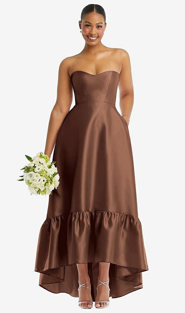 strapless deep ruffle hem satin high low dress with pockets