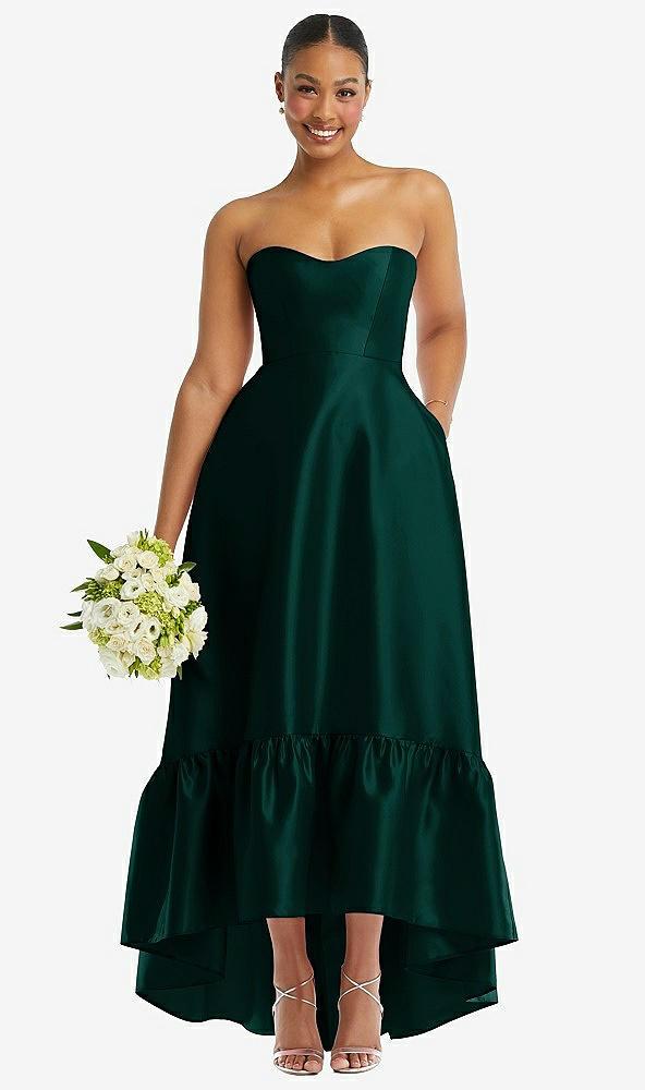strapless deep ruffle hem satin high low dress with pockets