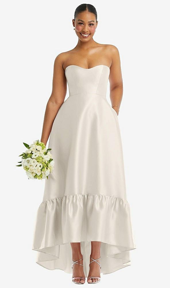 strapless deep ruffle hem satin high low dress with pockets